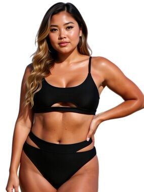 Bikini Set Black Minimalist U Neck & Front Cut-Outs by Popvil XXL NWT